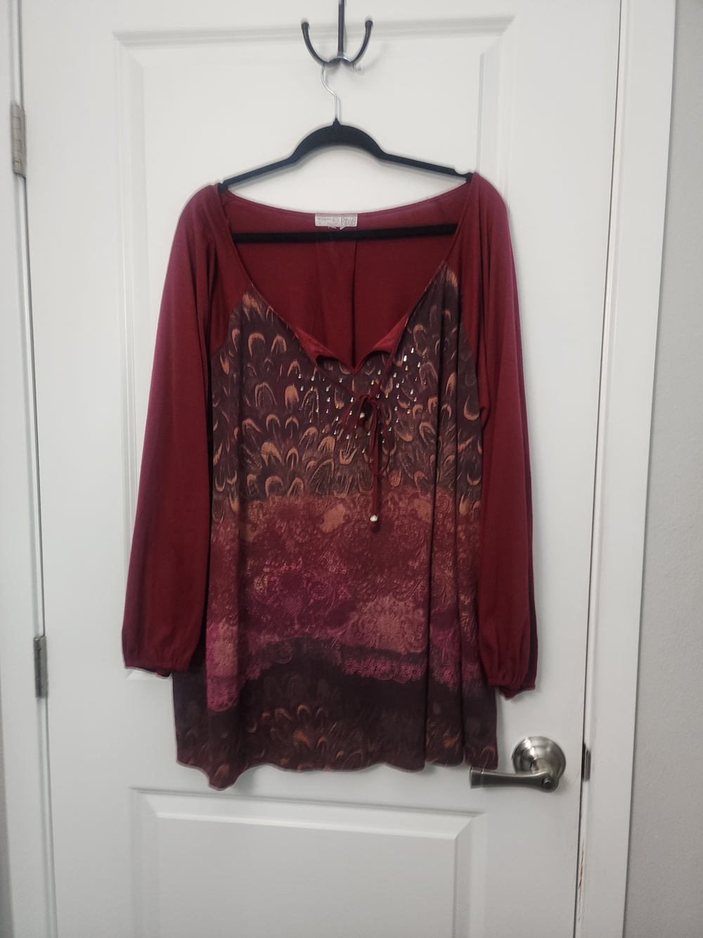 5/$30 Boho Lace-Up Long Sleeve Tunic Top - Burgundy